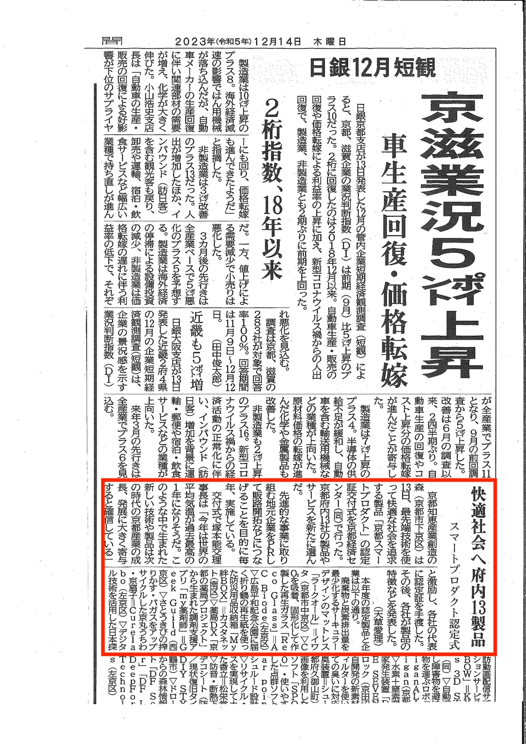 【掲載情報】京都新聞12/14に掲載されました。